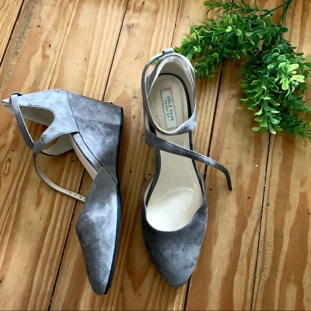 Cole Haan Gray Suede Wedge Heels w Ankle Strap